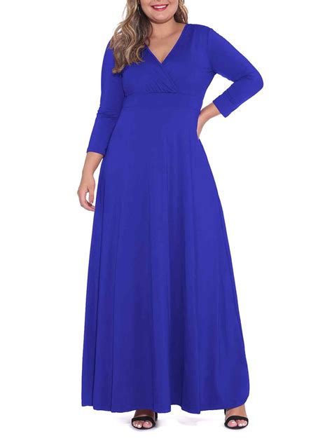 POSESHE Plus Size Women's Solid 3/4 Sleeve Evening Gown, Flowy V-Neck ...
