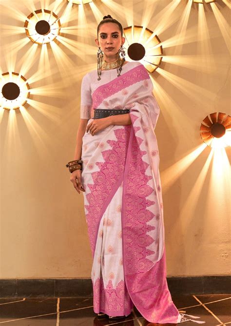 Buy White Banarasi Silk Saree with Pink Border Online | Bridal Sale ...