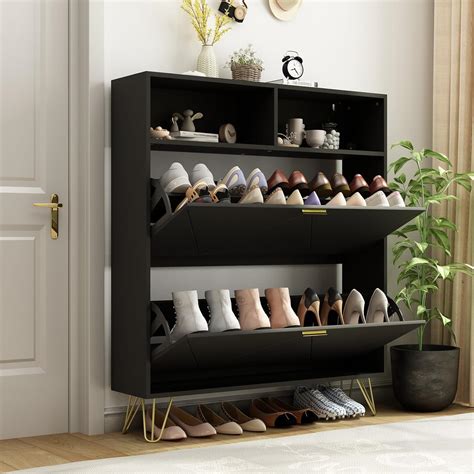 NOVAMAISON Shoe Cabinet with 2 Flip Drawers, Black Shoe India | Ubuy