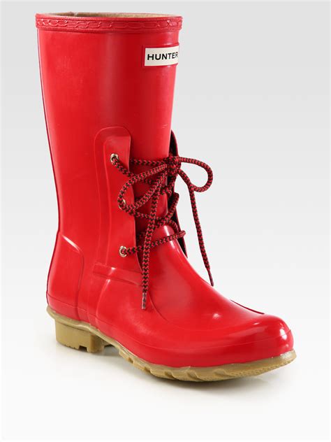 HUNTER Rubber Laceup Rain Boots in Red - Lyst