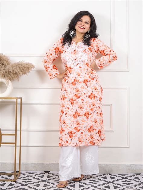 Noorani Tangy Orange Floral Printed Inspired Chikankari Work Cotton Ku ...