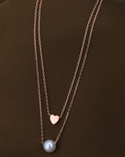 18kt Rose Gold Plated with Heart & Pearl Double Chain Necklace for wom ...