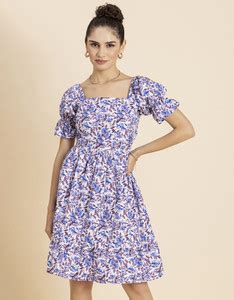 moomaya Women Gathered Purple, Blue, White Above Knee/Mid Thigh Length ...