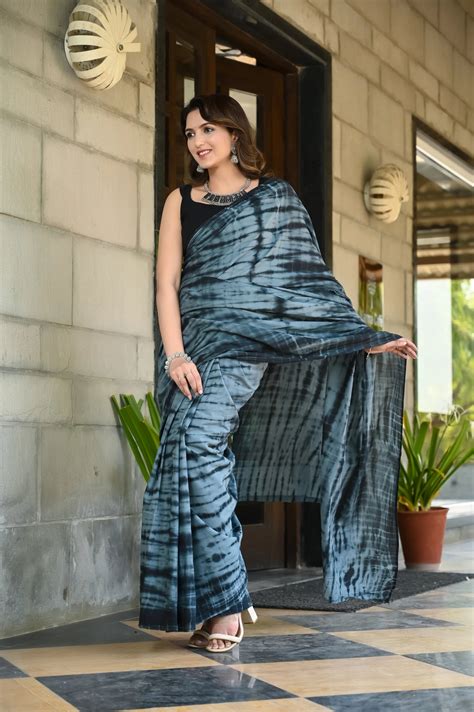 Grey and black color tie die print pure cotton saree – Jaipur Tex