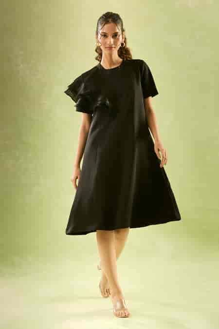Buy Black Neoprene Round Neck Solid Asymmetric Ruffled Sleeve Midi ...