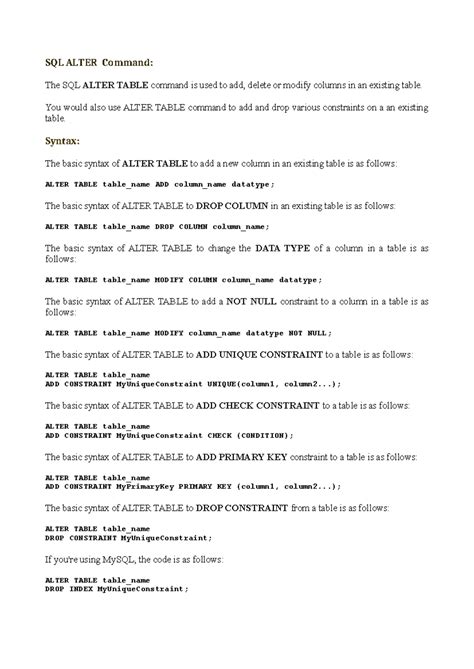 Practical notes - SQL ALTER Command: The SQL ALTER TABLE command is ...