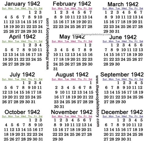 Calendar of year 1942 Stock Photo - Alamy