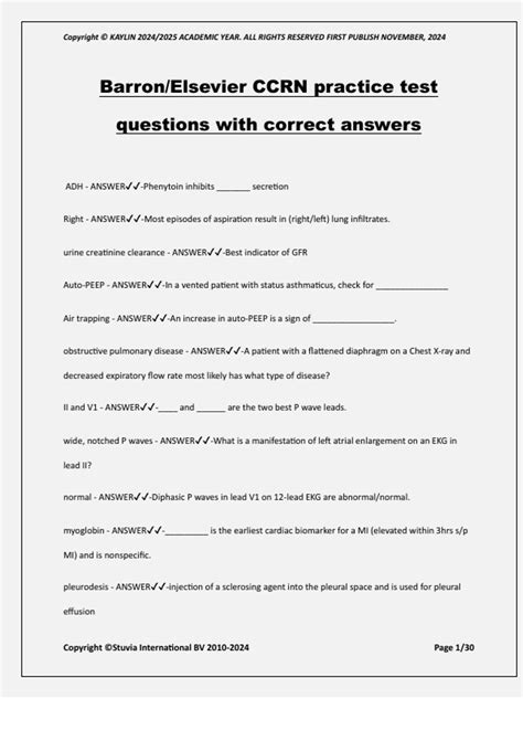 Barron/Elsevier CCRN practice test questions with correct answers ...