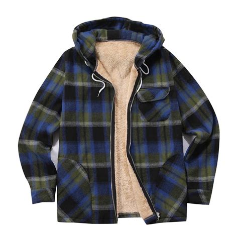 cllios Mens Sherpa Lined Zipper Plaid Shirt Jacket Flannel Hooded Shirt ...
