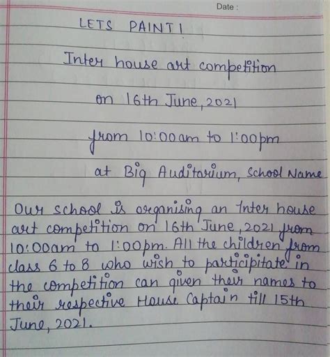 write a.notice informing students of class 6 to 8 about an Inter house ...