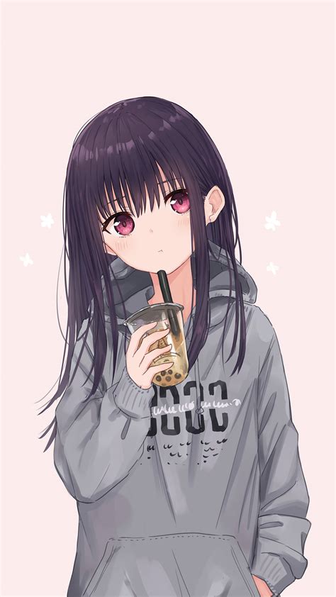 Download Cute Anime Girl Pfp Kazumi With Milk Tea Wallpaper ...