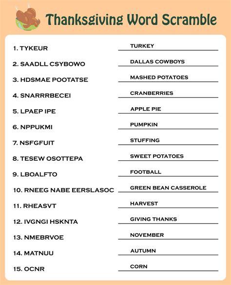 Free Printable Thanksgiving Word Scramble