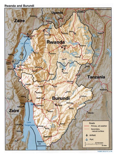 Large political map of Rwanda and Burundi with relief, roads, major cities, ports and airports ...