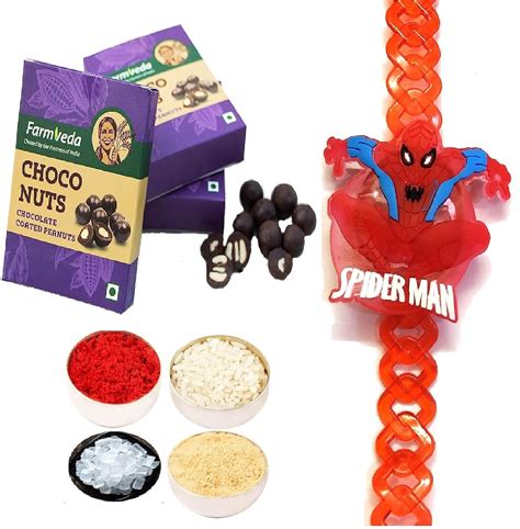 Spiderman LED Light Rakhi for Kids Brother, Chocolate Nuts Box & Roli ...