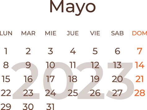 Calendar month may in spanish 2023. 19633982 PNG