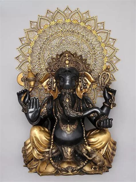 Brass Large Chaturbhuja Lord Ganesha in Blessing Gesture with Mandala ...