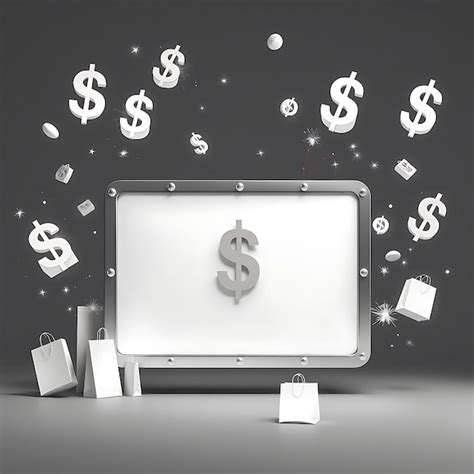 3d render of elegant blank metal sign board falling dollar signs sale ...