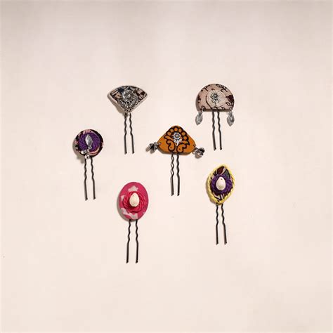 Multicolor Artisanal Fabart Juda Pins (Set of 6)