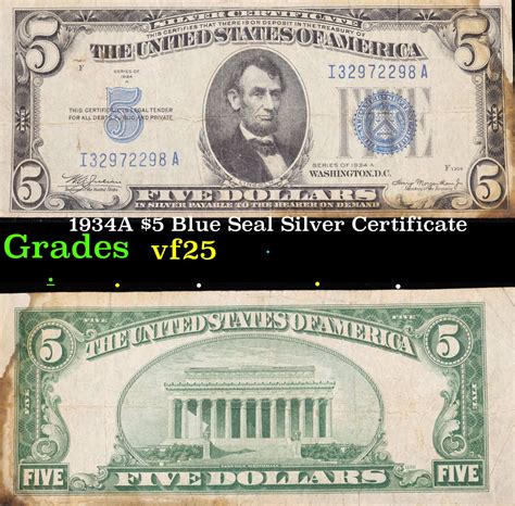 1934A $5 Blue Seal Silver Certificate Grades vf+