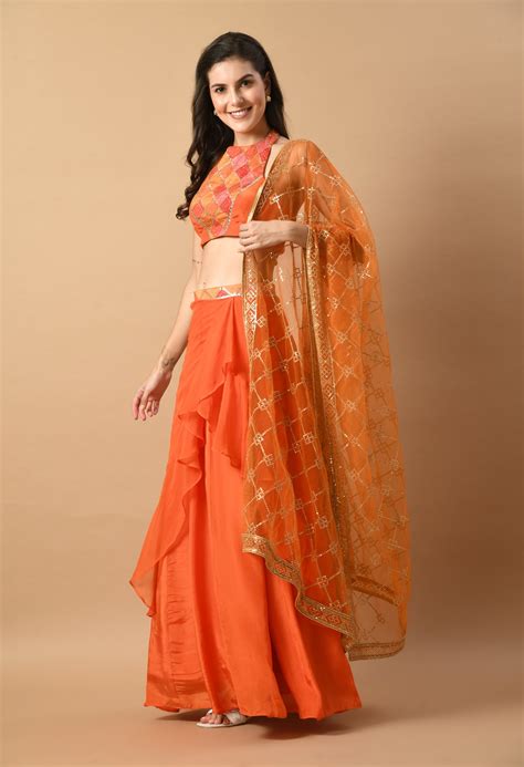 Orange Bandhani Print Blouse with Ruffle Lehenga | Mezenor