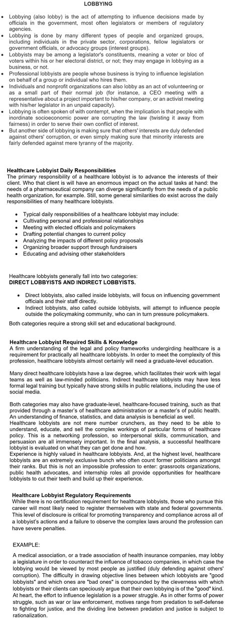 [Solved] What are lobbyists? How might they impact public health policy ...