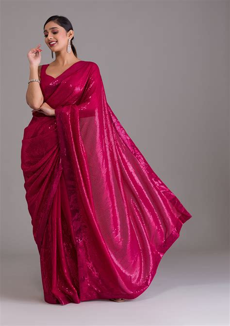 Buy Rani Pink Sequins Georgette Saree - Koskii