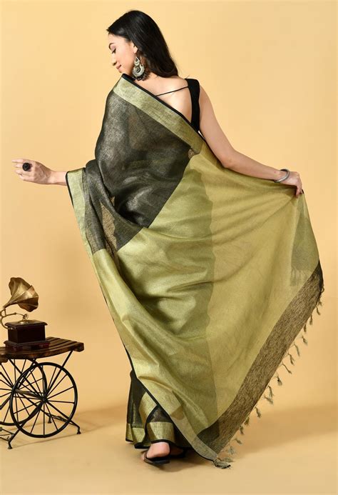 Black Tissue linen Saree With Golden Zari Border– Swapna Creation