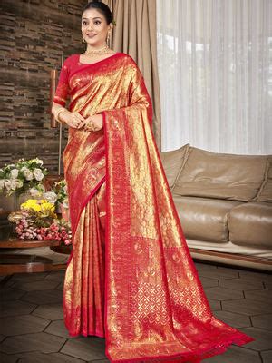 Buy Sangam Prints Red Golden Kanjivaram Silk Traditional Saree with ...
