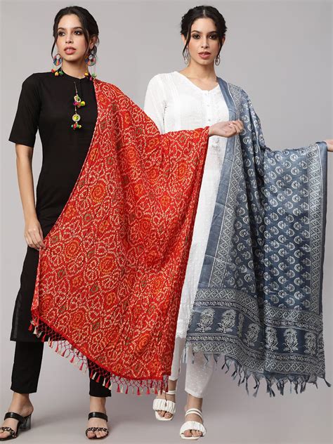Grey Printed And Red Bandhini Dupatta Combo, Pack Of Two – Trendphoria
