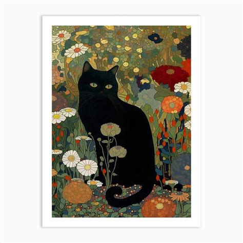 Klimt Style, Black Cat In A Garden Art Print by Mambo - Fy