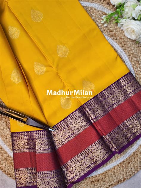 KANCHI BUTTA BENTEX BORDER SAREE YELLOW PURPLE – Madhur Milan
