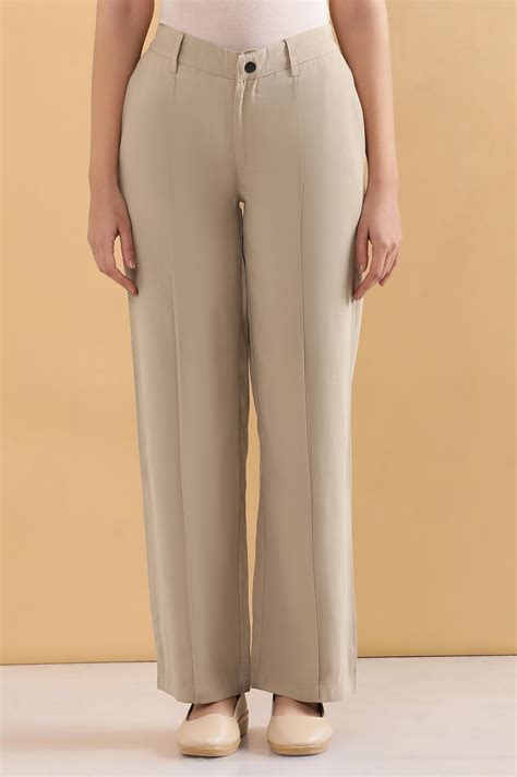 Buy Elleven Women's Beige Solid Straight Fit Woven Pants With Pintuck ...