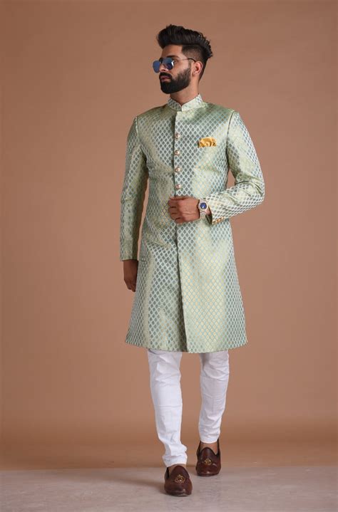 KimKhab Brocade Silk | Vibrant Green and Golden | Royal Achkan – Rajanyas