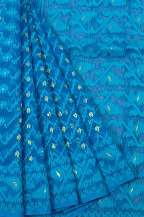 Royal Blue Handloom Jamdani Style Jamdani Cotton Saree | Avishya.com