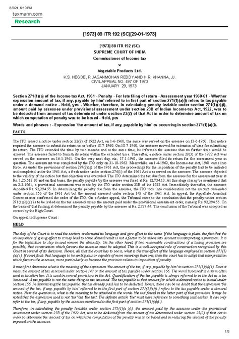 CIT v. Vegetable Products Ltd (1973) 88 ITR 192 SC: Penalty for Late ...