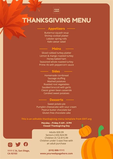 Free custom Thanksgiving menu templates