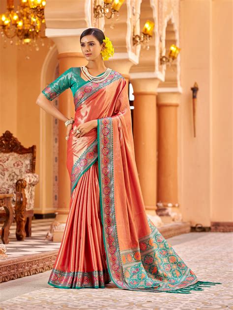 Elegant Coral Pink Banarasi Silk Saree – Elora Zari Tissue – elorafashion