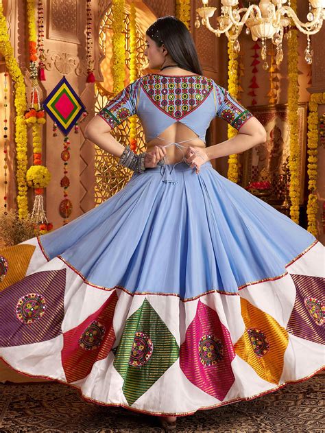 Sky Blue Viscose Cotton Thread Embroidery Navratri Lehenga Choli