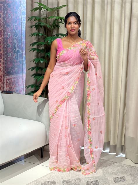 Floral Machine Embroidery Detailed Shimmer Organza Saree | BLD1806 ...