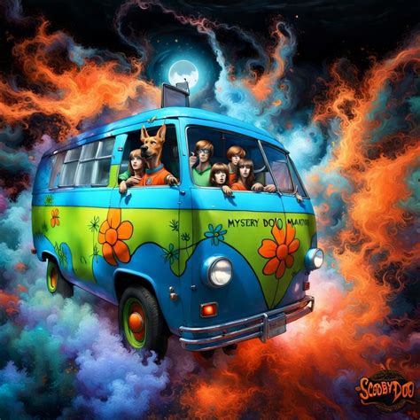 The Scooby-Doo "Mystery Machine" is a blue van painted with orange ...