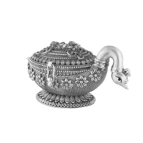 Swan Tureen Floral Engravings Kumkum Dabbi, Jewelry Box ~ CaratCafe