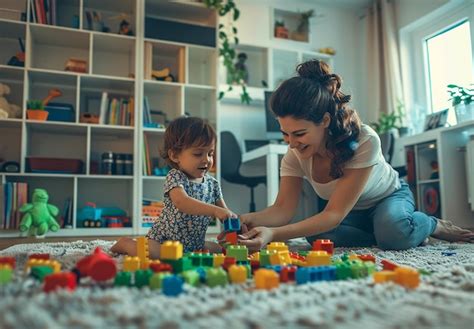 A woman and a child playing with blocks on the floor | Premium AI ...