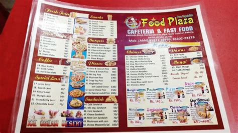 Menu at Food Plaza Cafeteria and Fast Food, Sri Muktsar Sahib