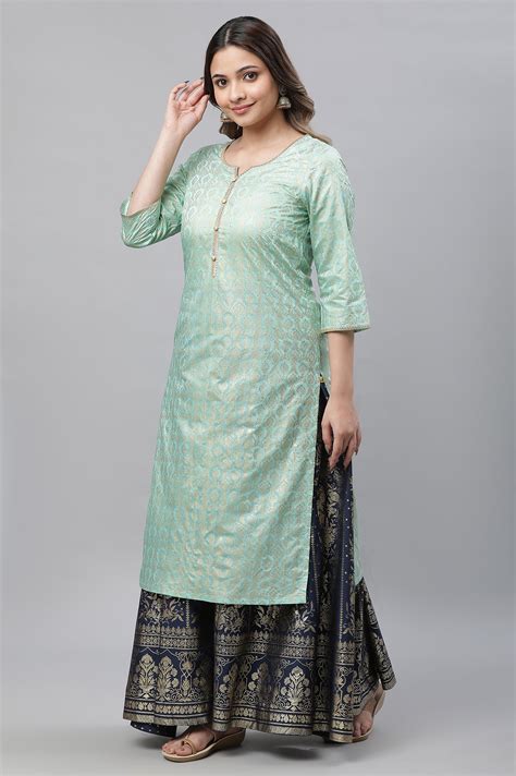 Buy Mint Green Foil Printed Embellished Straight Kurta and Skirt Set ...