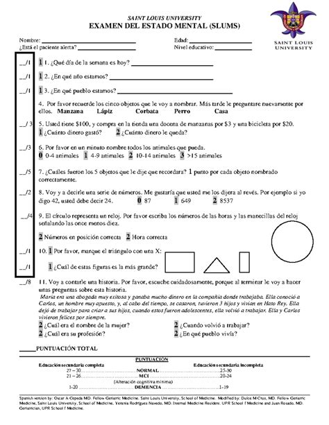 Slums Test Adulto mayor - SAINT LOUIS UNIVERSITY EXAMEN DEL ESTADO ...