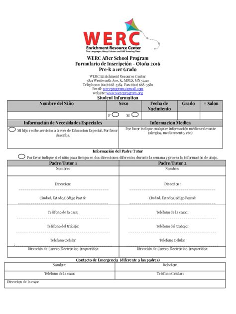 Fillable Online WERC After School Program Formulario de Inscripcin ...