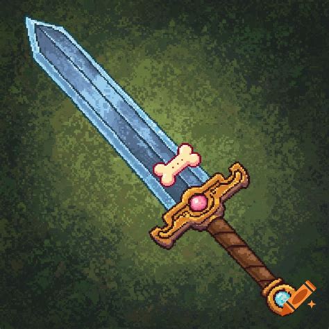 A pixel art great sword with a blue blade, gold hilt, and brown handle ...