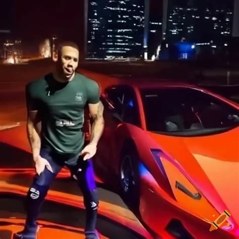 Andrew Tate dancing next to his luxury supercar on Craiyon