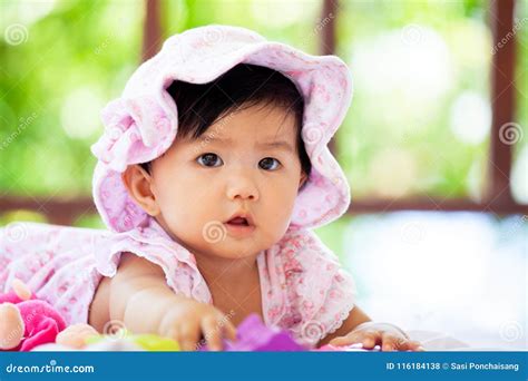 Cute Asian Baby Girl Wear Pink Hat Crawling on Blanket Stock Photo ...