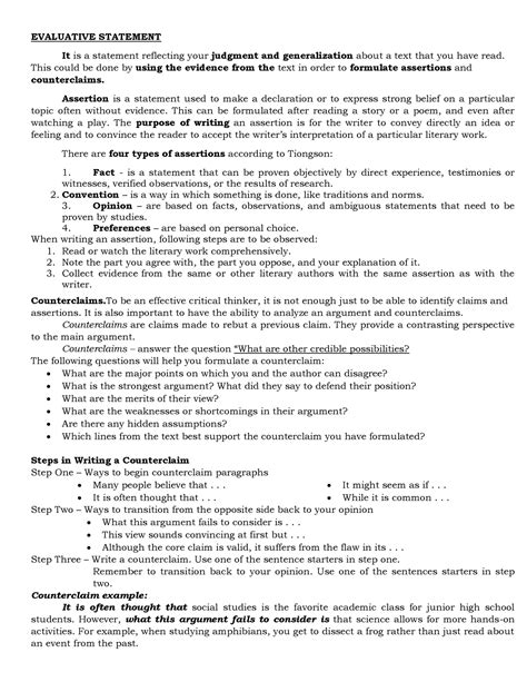 Image result for Evaluative Statement Examples Burger Method